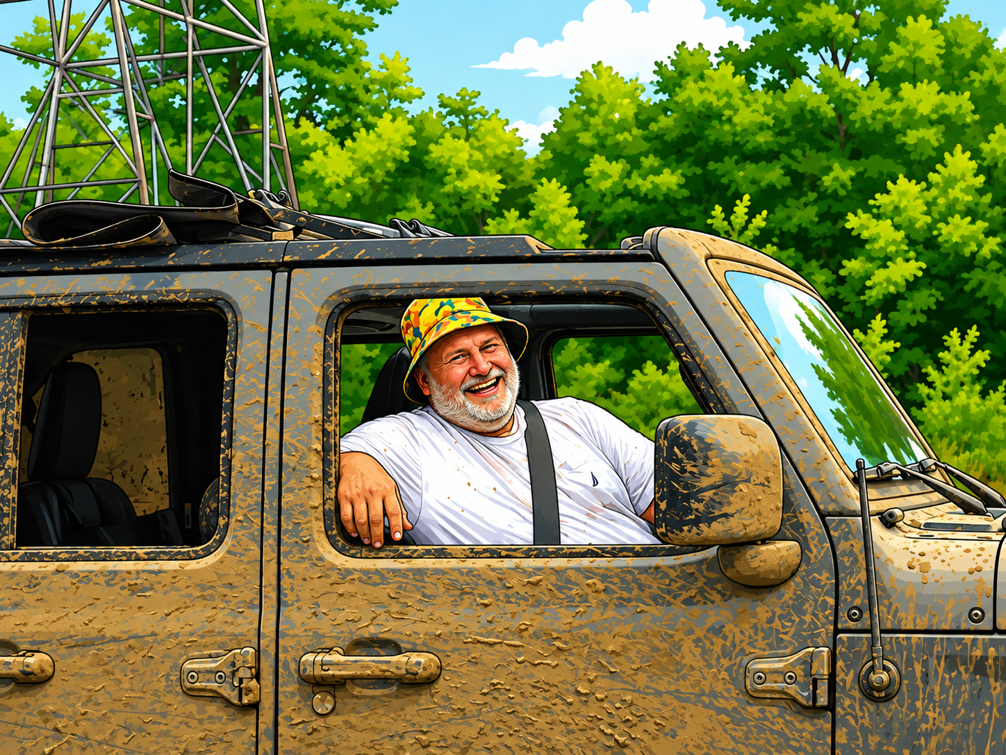 Illustration of Jay, the club's founder and admin, grinning out the window of his mud-covered Jeep in his trademark bucket hat